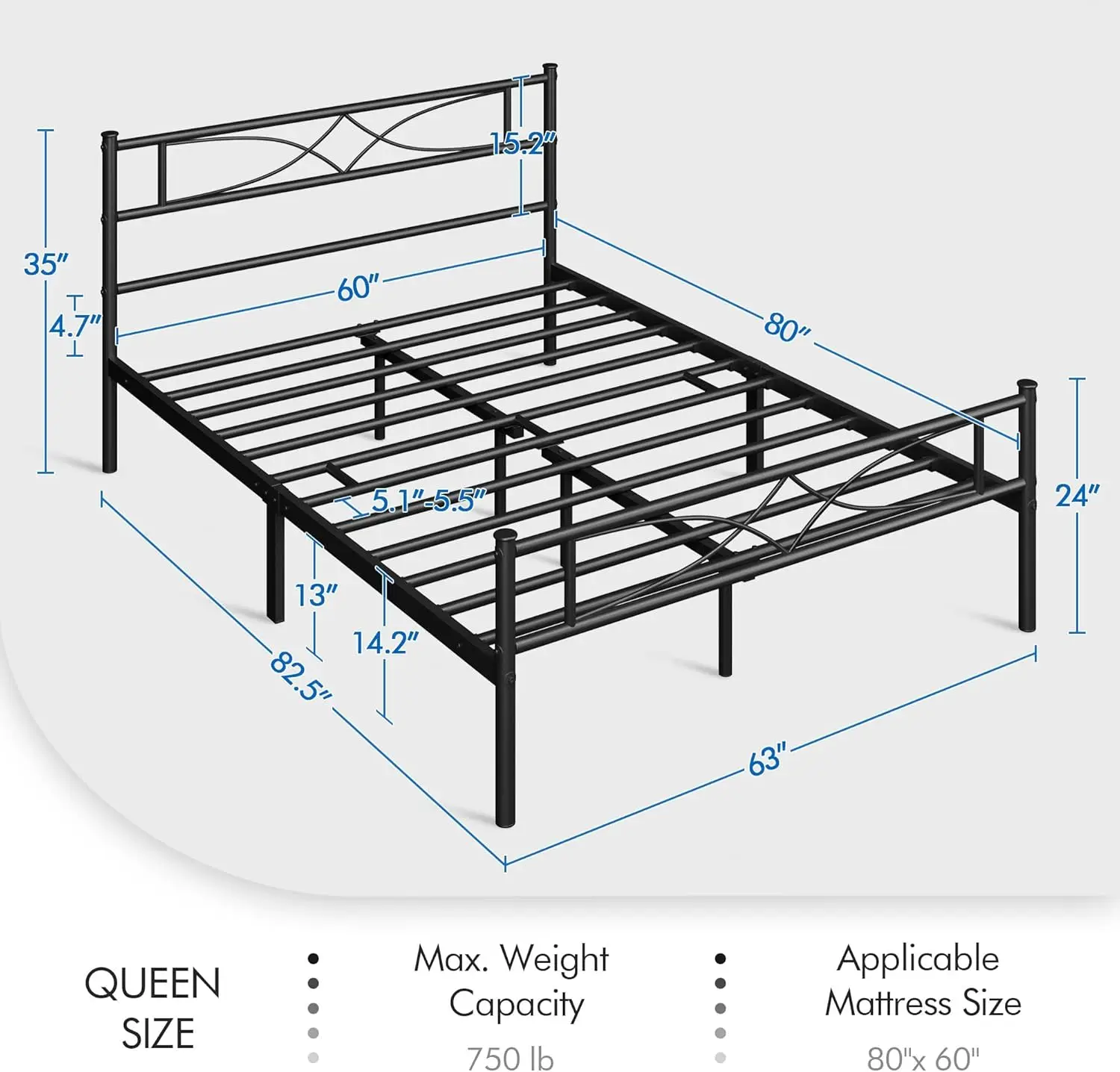 Grand Cadre de Lit en Métal Noir, Base de Matelas avec Tête de Lit Incurvée et Repose-Pieds, Support Robuste, Facile à Assembler