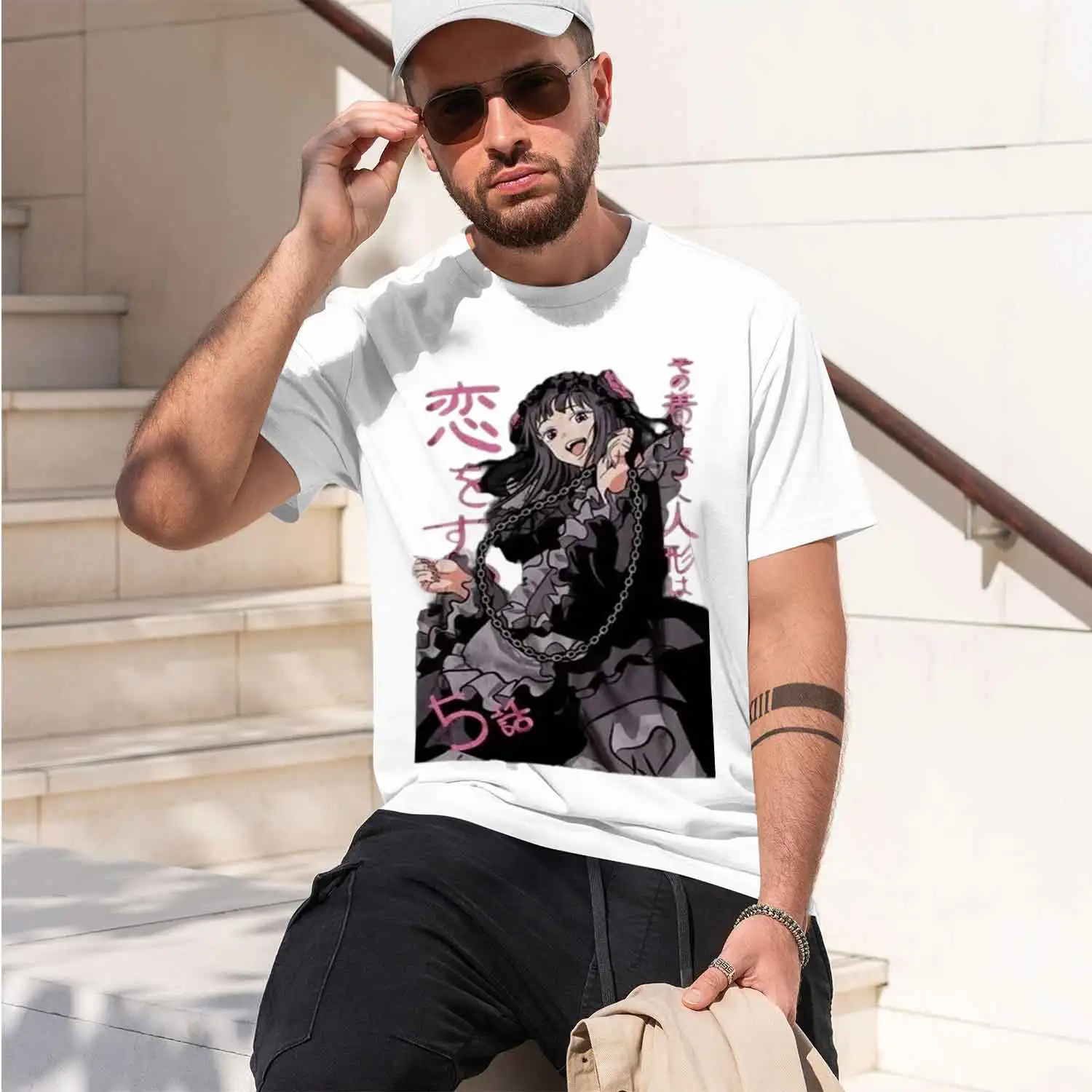 Anime Style Men's T-Shirt Featuring A Dramat Female Character With Chains And Japanese Text Perfect For Casual Wear In Spring An
