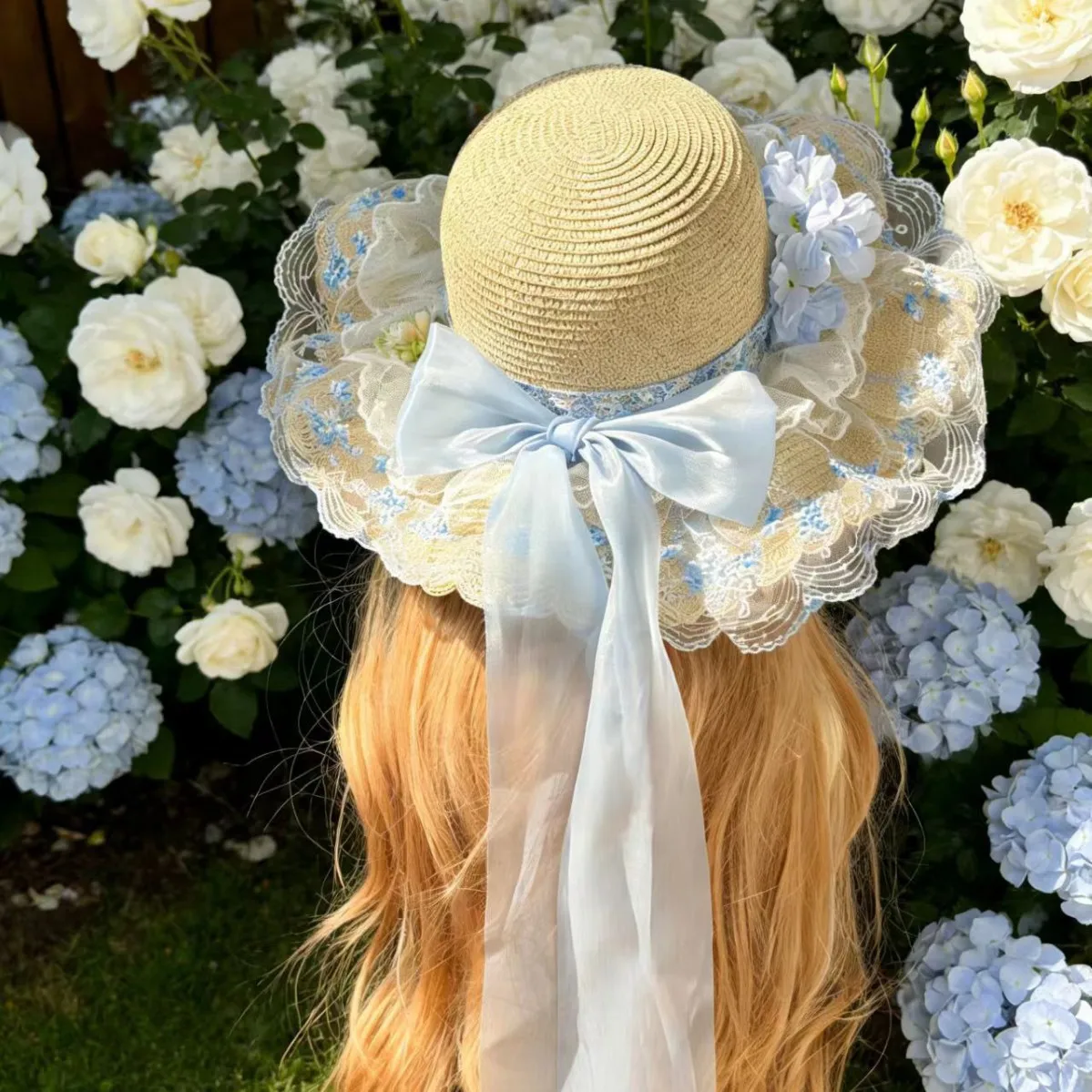 Women Sweet Lace Ruffled Wide Brim Straw Sun Hat Summer Uv Protection Breathable Hat With Bow Floral Decor For Beach Vacation