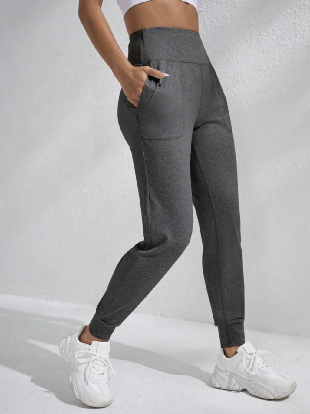 

High Waisted Yoga Pants Women Solid Color Casual Wide Waistband Slant Pocket Sport Pants Workout Leggings Black Breathable