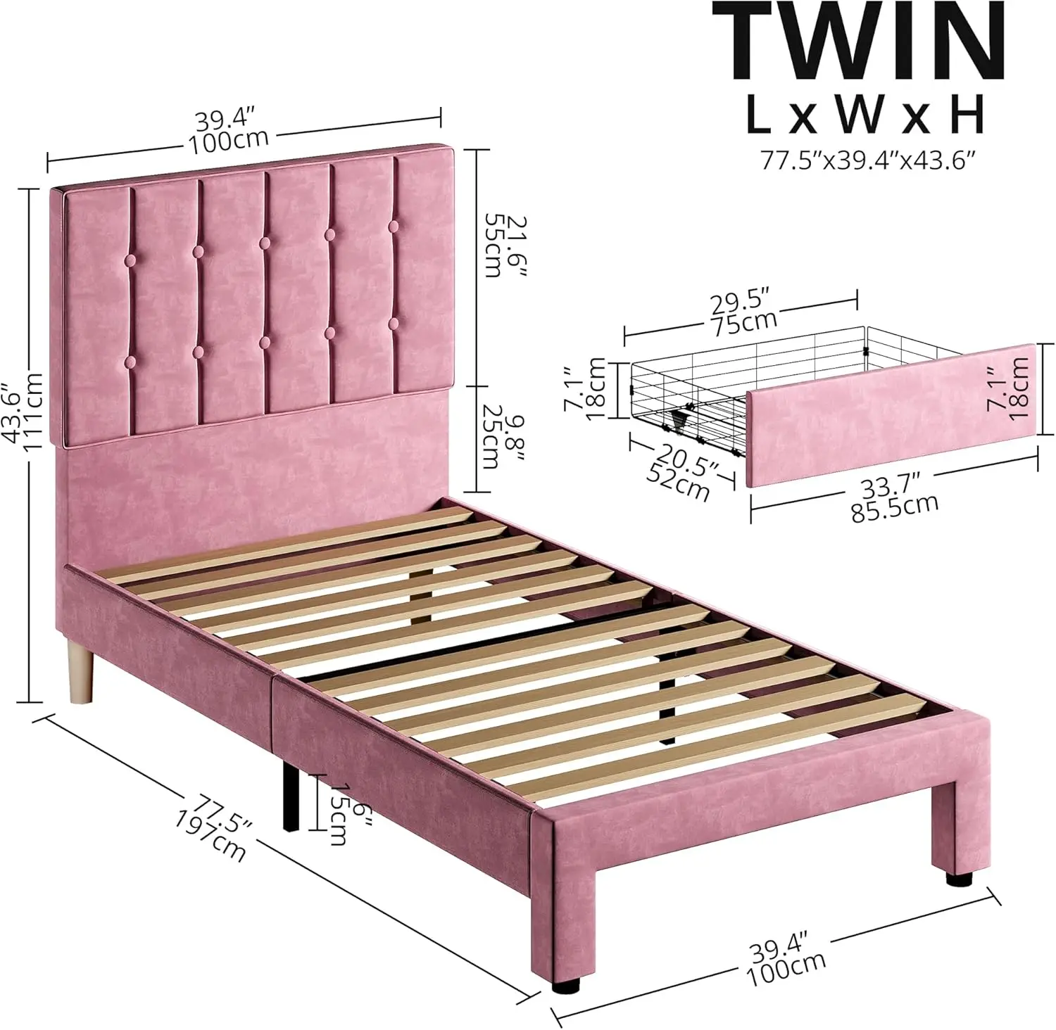 Twin Bed Frame with Under-Bed Drawer, Velvet Upholstered Platform Bed Frame with Headboard, No Box Spring Needed/Noise-Free, Pin