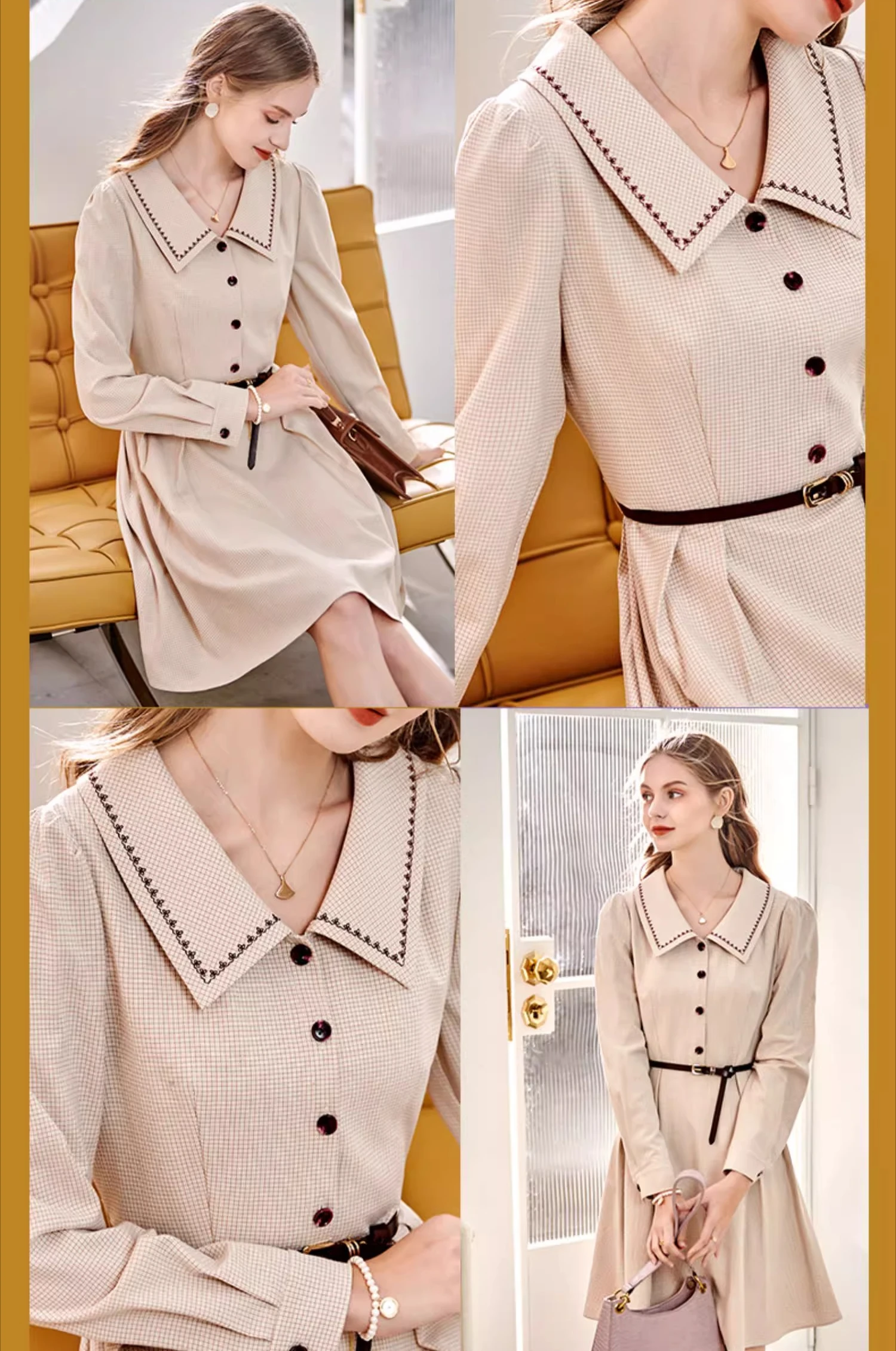 OLrain French Elegant Dress Women 2025 Autumn Embroidery Lapel Belt Long Sleeve Plaid Dresses Simple Female Clothing O21CL36685
