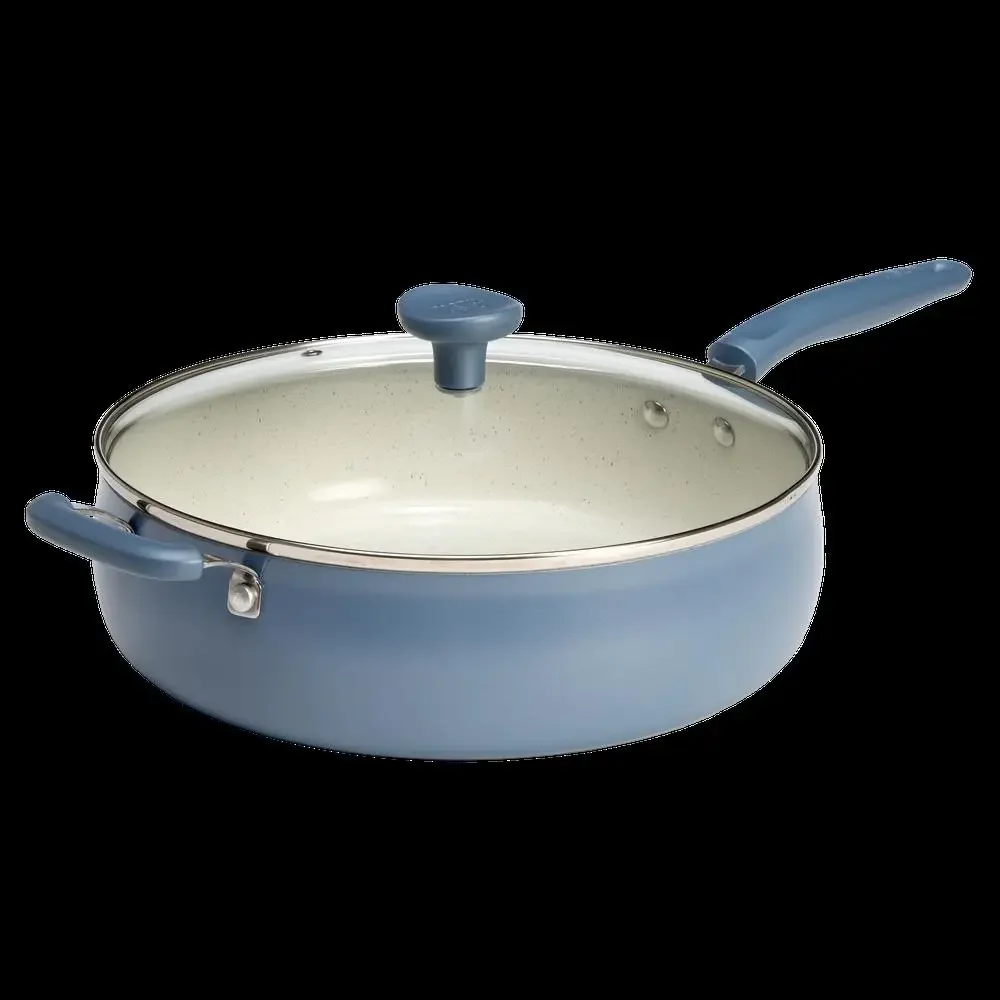 

Ceramic Non-Stick Jumbo Cooker Pan 5 Quart with Glass Lid Blue Induction Compatible Aluminum Dishwasher Safe & Healthy Cooking