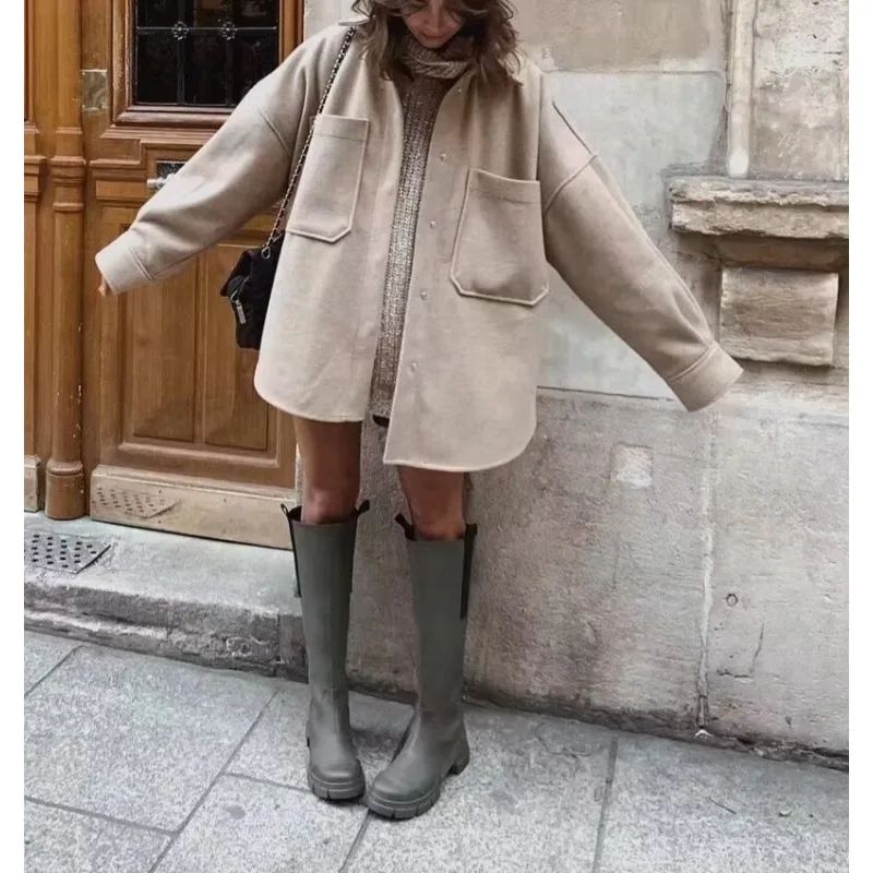 

2025 Women's Fashion Top Solid Woolen Jacket Fashion Lapel Plush Coat