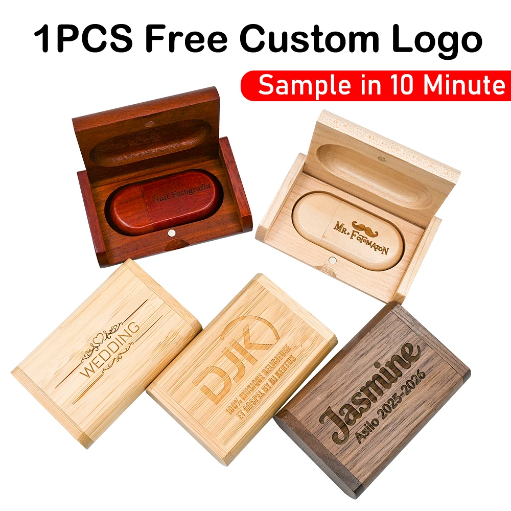 (1 PCS Free LOGO) Wooden with Box USB Flash Drives 64GB Photography USB 2.0 Memory Stick 32GB Wedding Gift Pen Drive 16GB U Disk