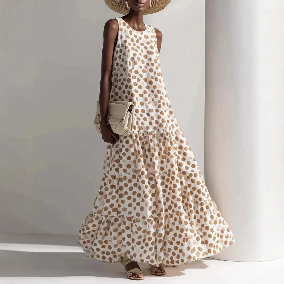 

2026 Spring New Women Polka Dot V Neck Waist Cinched Ruffle Trim Loose Temperament Versatile Long Dress