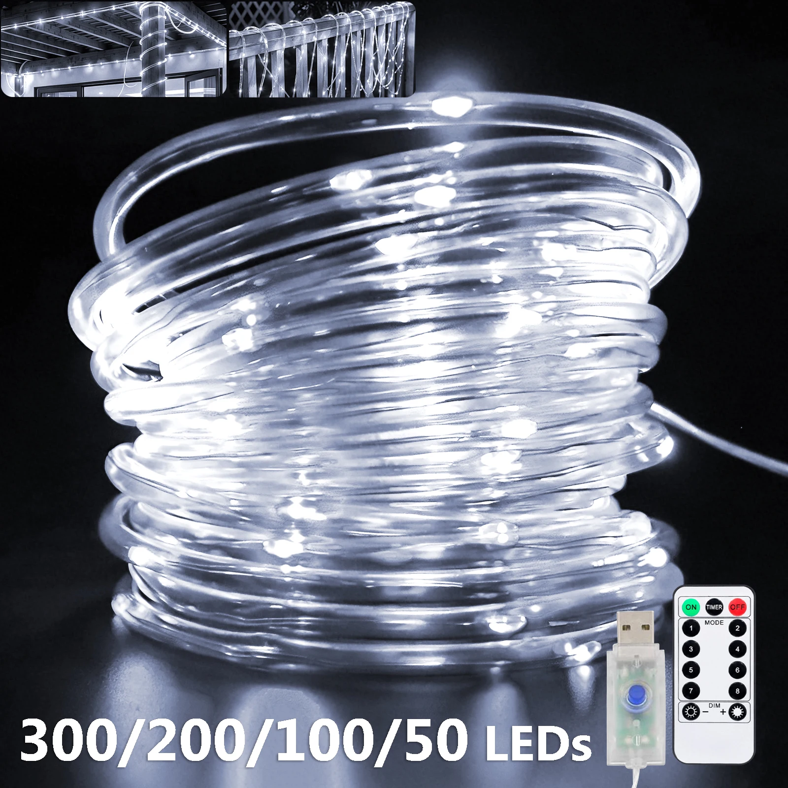 USB LED Fairy String Lights 300/200/100/50 LEDs Garland Rope Light Outdoor Waterproof Lighting 8 Modes for Christmas Garden