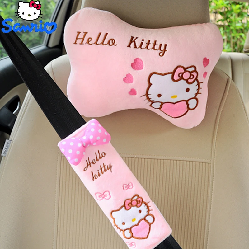 

Sanrio мультяшный плюшевый Hello Kitty Автомобильный подголовник, подушка для шеи, чехол для ремня безопасности с аниме персонажем, мягкие автомобильные принадлежности, милый подарок для девочки