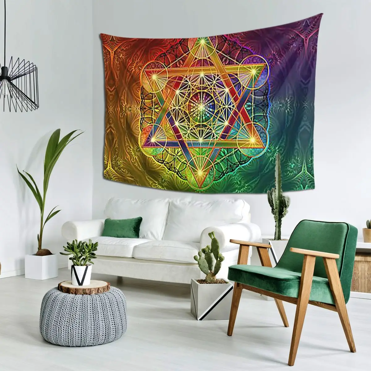 Metatron's Cube With Merkabah And Flower Of Life Tapestry Hippie Wall Hanging Aesthetic Home Decoration Tapestries Living Room