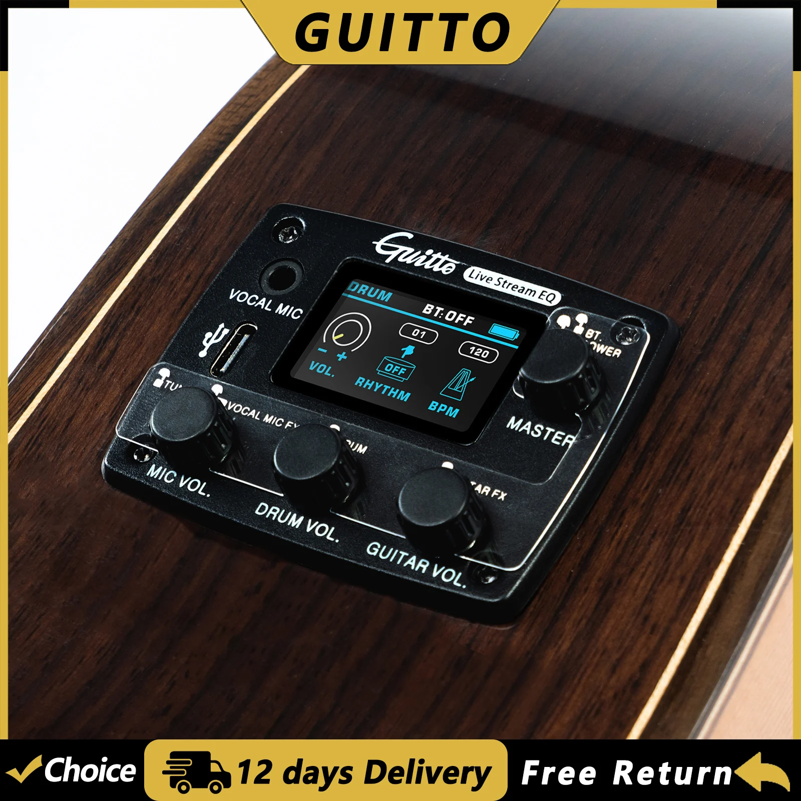 GUITTO GGP-05 Acoustic Guitar Pickup Multifunctional Vibration Pickup For Live Streaming Digital Live Stream EQ With Microphone