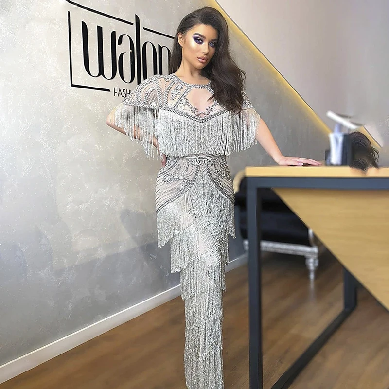 

Jancember Luxury Dubai Beading Tassel Gray Evening Dresses Mermaid Arabic Formal Prom Dresses For Women Wedding Party Scz143