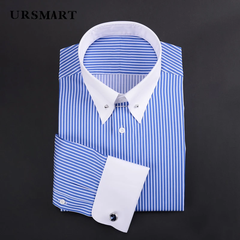 French shirt men\'s empire collar 100% cotton slim fit business elegant blue stripe custom men\'s long sleeved shirt