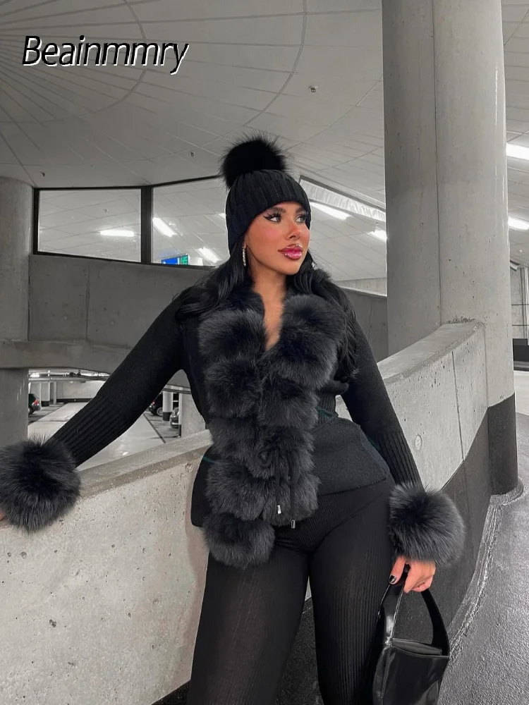 

Faux Fur Patchwork Knitted Cardigan Women Fashion Elegant V-neck Long Sleeve Lace Up Jackets 2025 Winter Lady Street Outwear