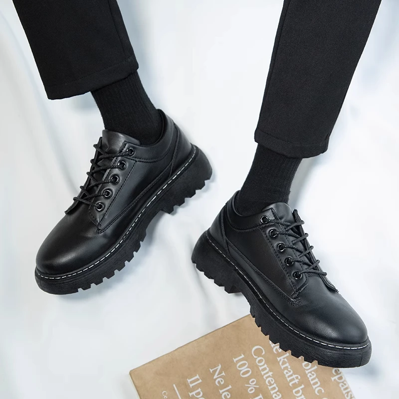 

Casual round Toe Men's Shoes Lace-Up Uniform Style Black High-End Feeling Leather Upper Breathable Low Heel Sporty Summer