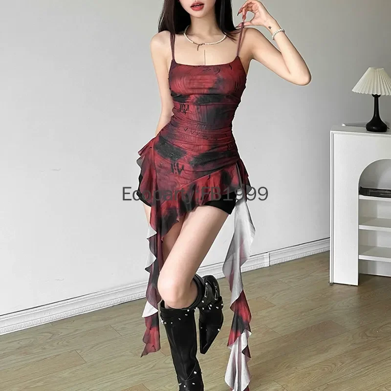 المرأة الصيف موضة الأخوات حفلة الزي الرجعية التدرج الكشكشة الحلو مثير عارية الذراعين كول رقيقة صغيرة غير النظامية شرابة فستان بكتافة #2