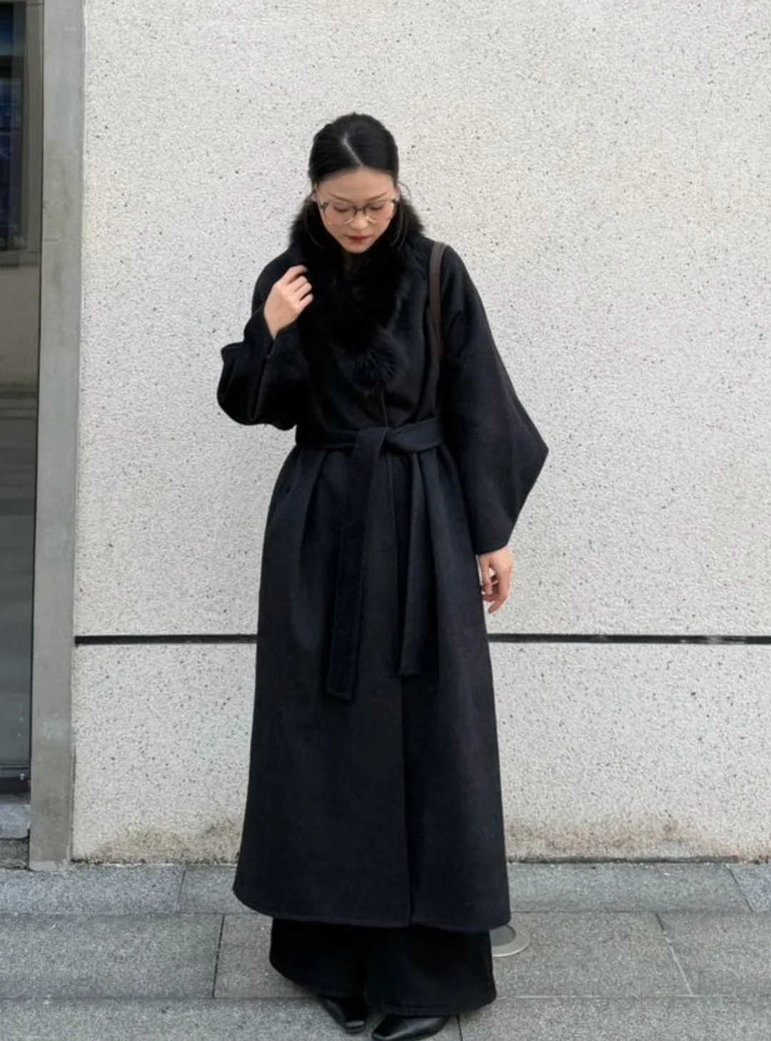 OFTBUY Damen-Wollmantel, lang, mit Gürtel, Wollkleidung mit Fellbesatz für Damen, warm, luxuriös, schmal geschnitten, einfarbig, Winteroberbekleidung – Detail 15