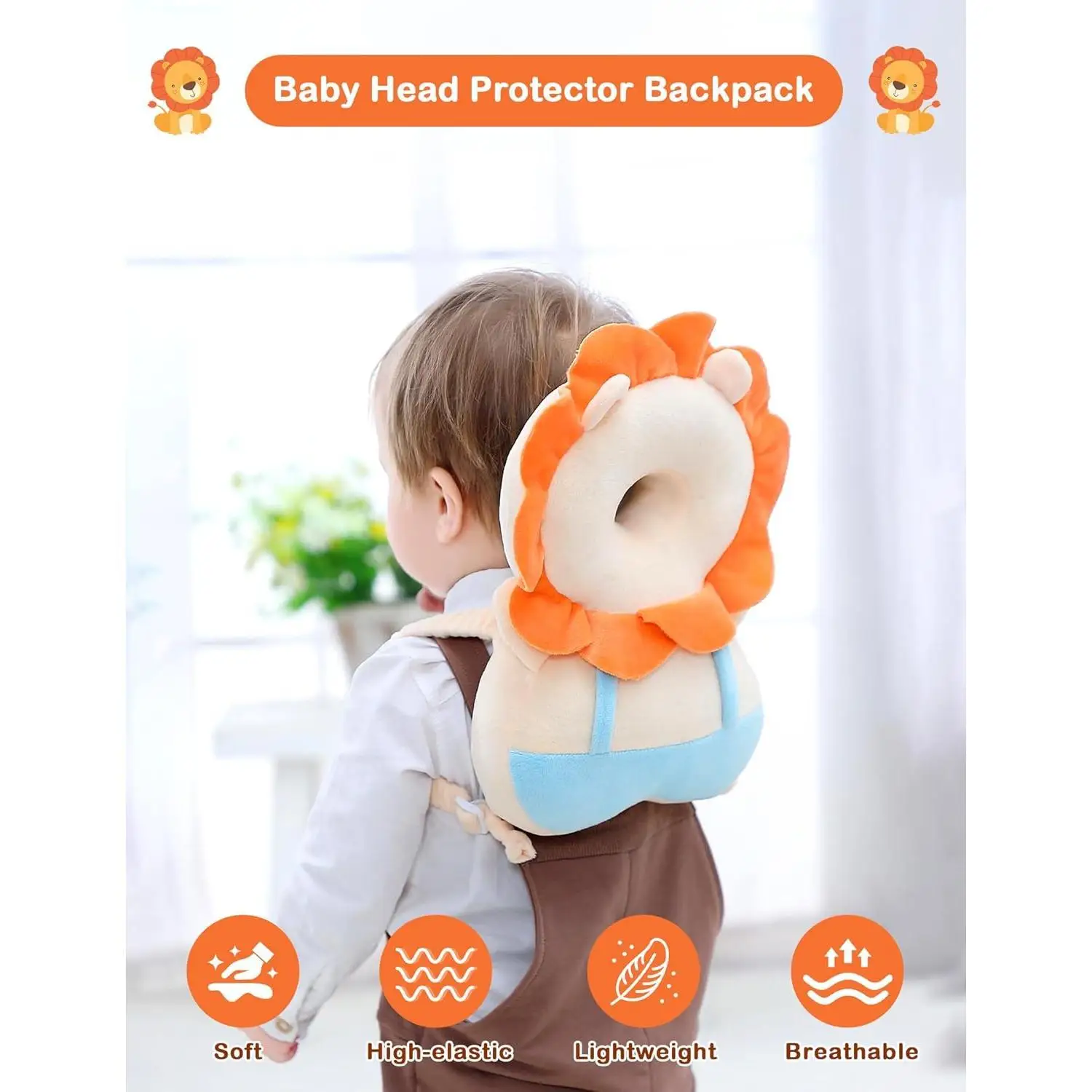 Baby Head Protector Backpack, Toddler Walking Fall Head Protection, Yellow Lion Mesh