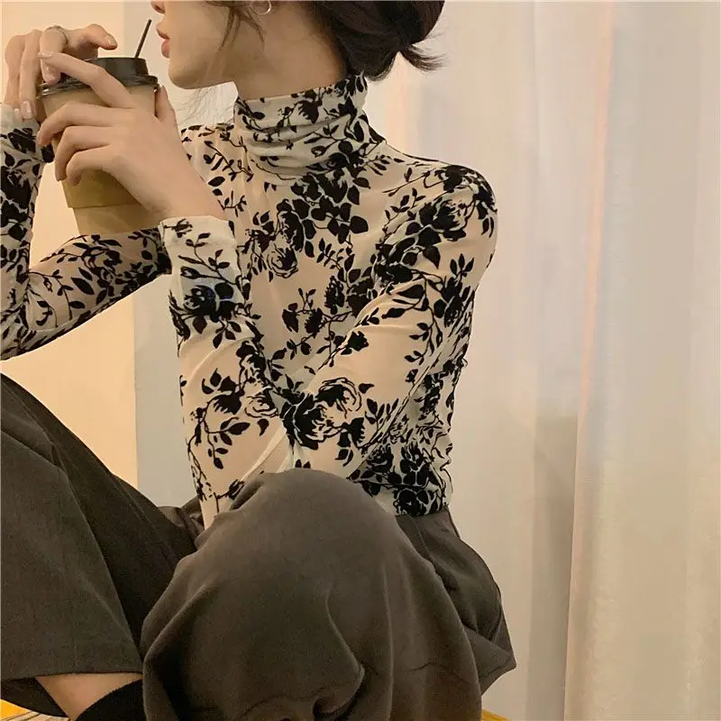 Long Sleeve T-shirts Women Elegant Office Ladies Slim Sexy Vintage Floral Designed Turtleneck New Spring Streetwear Temperament