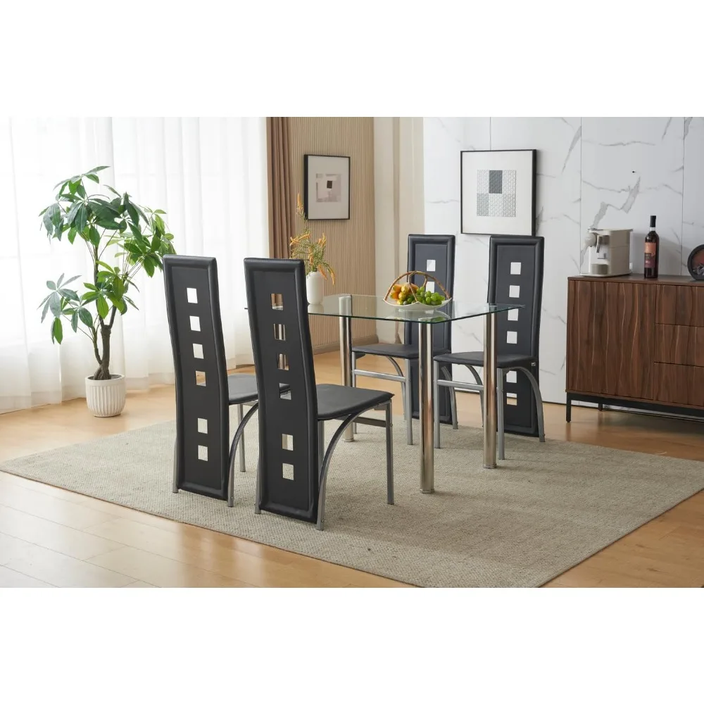 

43.3" Glass Dining Room Table Set for 4, 5-Piece Rectangle Kitchen Dining Table Set with Stainless Steel Legs and 4 Chairs