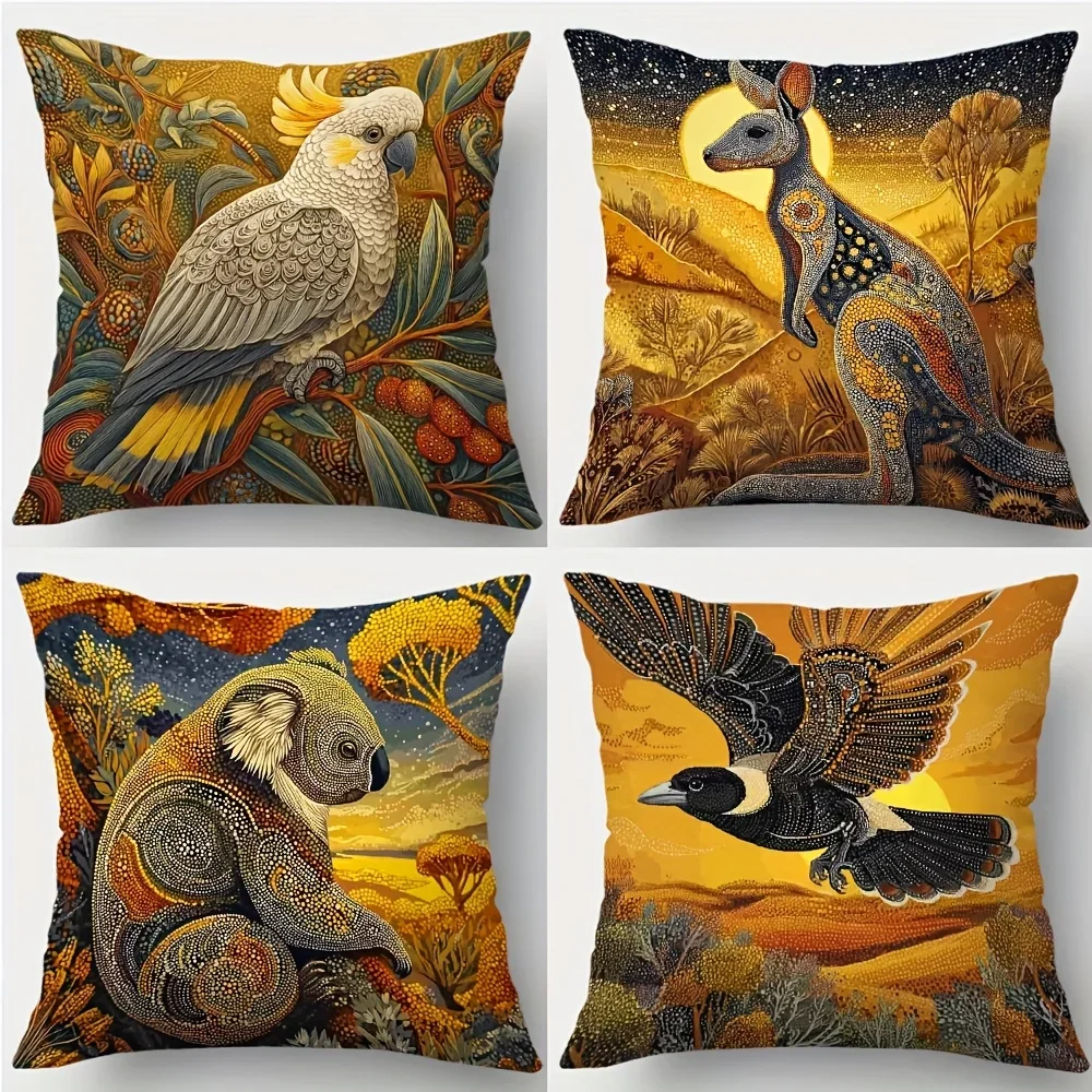 Vibrant Wildlife Art Throw Pillow Covers Set - Featuring Parrot, Kangaroo, Koala, and Bird Designs for Home Decor