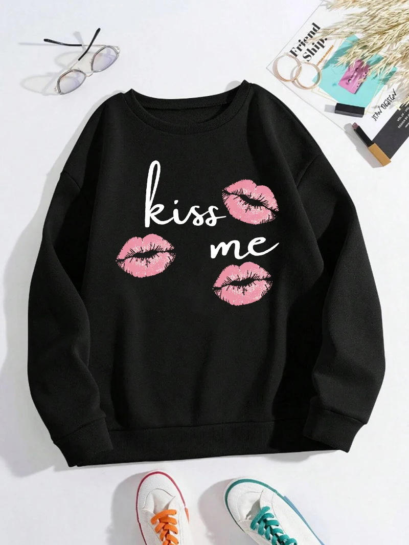 Kiss Me with Words and Lip Prints, Women's Hoodie, Casual Clothing, Comfortable and Fashionable Pullover, Soft Hoodie