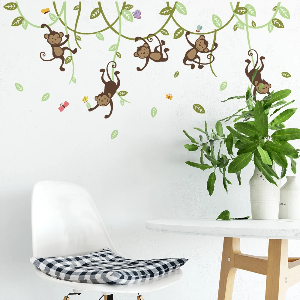 Monkey Vine Living Room Wall Stickers for Nursery Play room Kindergarten Decor Removable Self-adhesive Frosted PVC Kids Decals