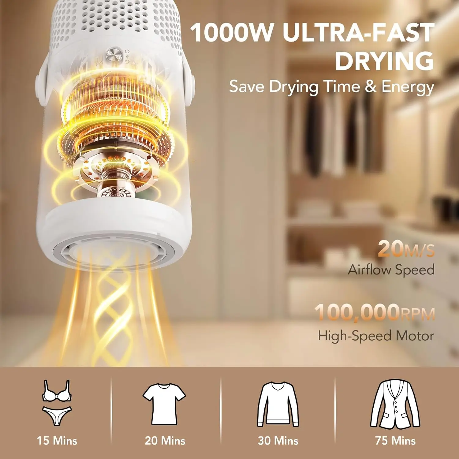 مجفف ملابس صغير محمول بقدرة 1000 وات مع حقيبة جافة للشقة، والمركبات الترفيهية، والسفر - مدمج وخفيف الوزن #5