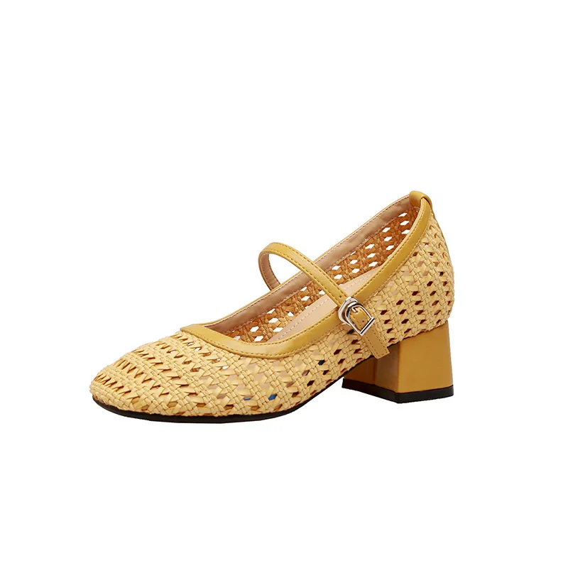 

Leisure chunky - heeled shoes women, new - style summer woven and hollow - out sandals, fishnet high - heeled shoes