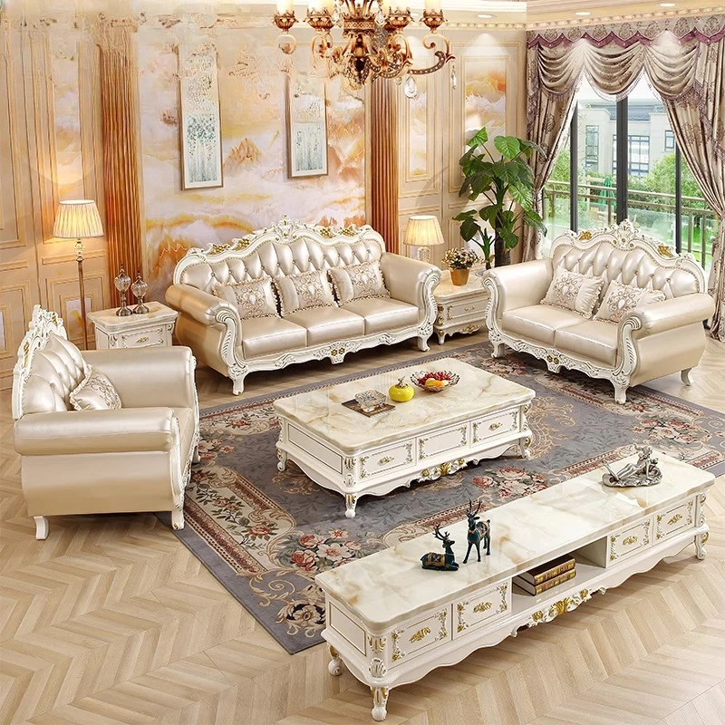 

European leather sofa 123 combination living room solid wood carving flower luxury size apartment first layer cowhide villa furn