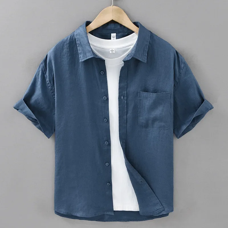 

2026 Summer New Breathable Thin 100% Linen Short Sleeve Shirt for Men Casual Turn-down Collar Classic Shirt