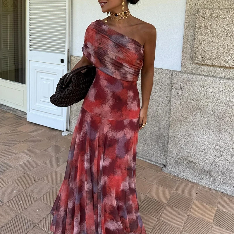 Summer Slanted Collar High Waist Pleats Long Dress Lady Elegant One Shoulder Sleeve Slim Banquet DressCasual Asymmetrical Dress