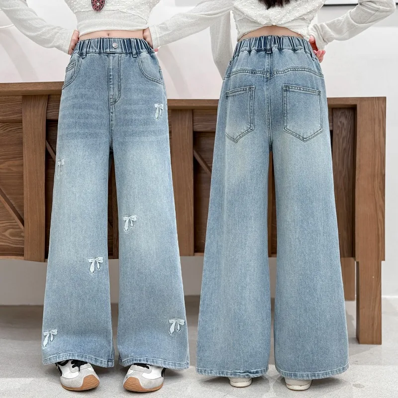 

Джинсы для девочек весна-осень 2026 с вышивкой бантом, на высокой эластичной талии, повседневные, универсальные, милые, свободные, широкие штанины, детские брюки