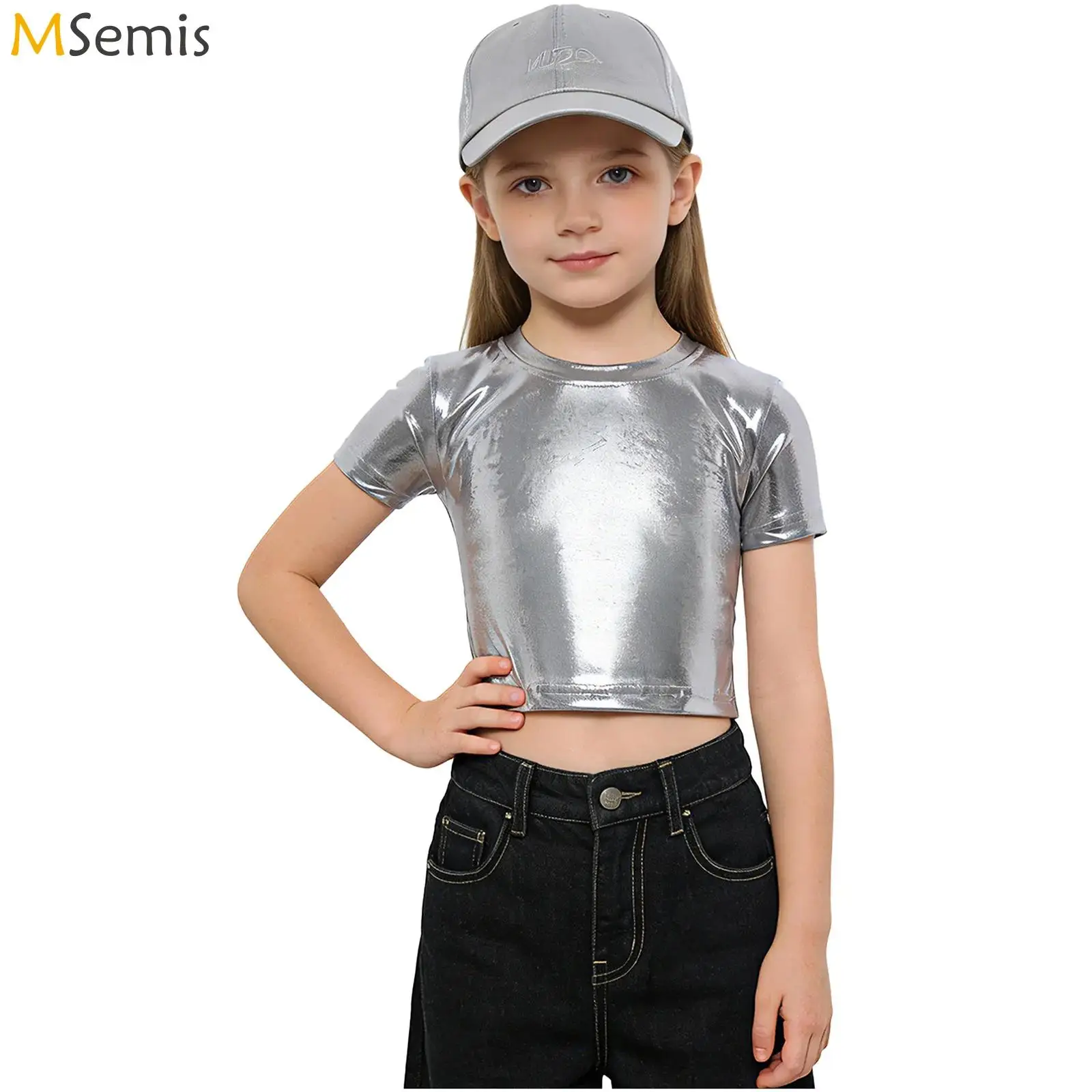 

Kids Girls Hip Hop Ruched Metallic Crop Tops Jazz Dance Performance Costume Metallic Round Neck Short Sleeves T-shirt