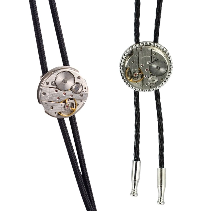 Adjustable Leather Bolo Tie with Mechanical Steampunk Metal Gear Pendant for Men