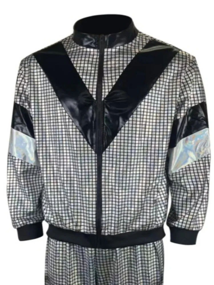 2Pcs Vintage 70s Hippie Disco Costume Sports Jacket Long Pants Suit Adult Cosplay Clothes Stage Party Performence Men Sportswear