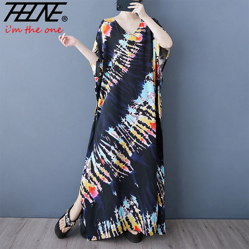 THHONE Plus Size Kleid Damen Sommer Bohemian Beach Style Vintage Urlaub Lose V-Ausschnitt Lässige Damenkleidung Lang Neu in Kleidern