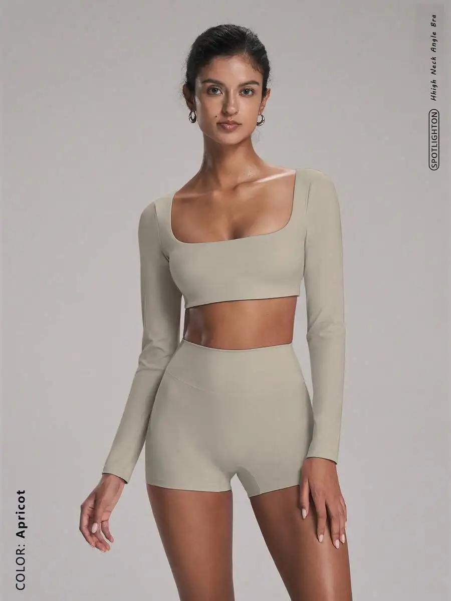 

Womens Long Sleeve Square Neck Crop Top And High Waist Shorts 2-Piece Sportswear Set Apricot