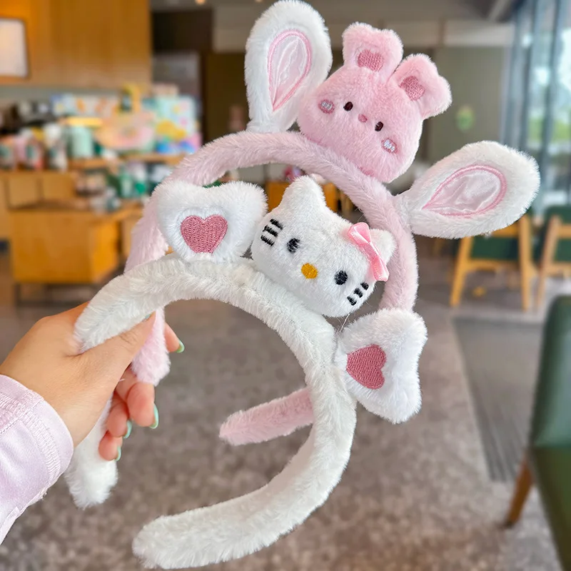 Sanrio Cartoon Plush Hello Kitty hair band cute doll wash face wider hair band female fall and non-slip pressure hair doll head