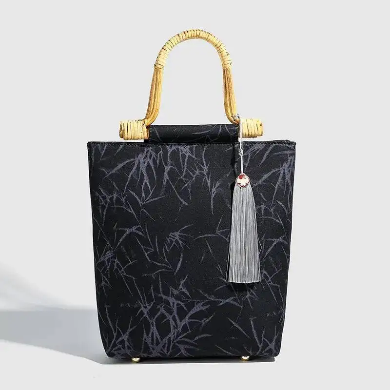 Retro Pattern Beige Handbag Women Bamboo Handle Cheongsam Dress Large Capacity Banquet Bag Ladies Elegant Premium Purse