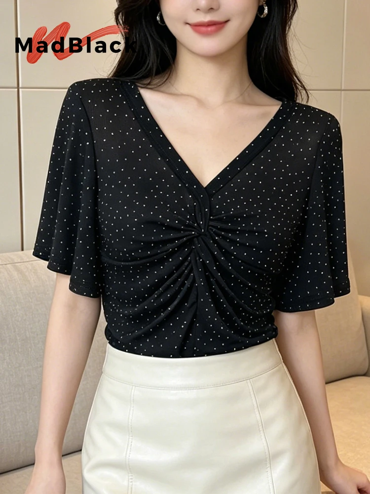 MadBlack-Women European T-Shirt, Sexy V Neck Diamond, Hotsweet Short Sleeve Slim M-3XL Mesh Thin Tee, 2026 Summer New T66411CC