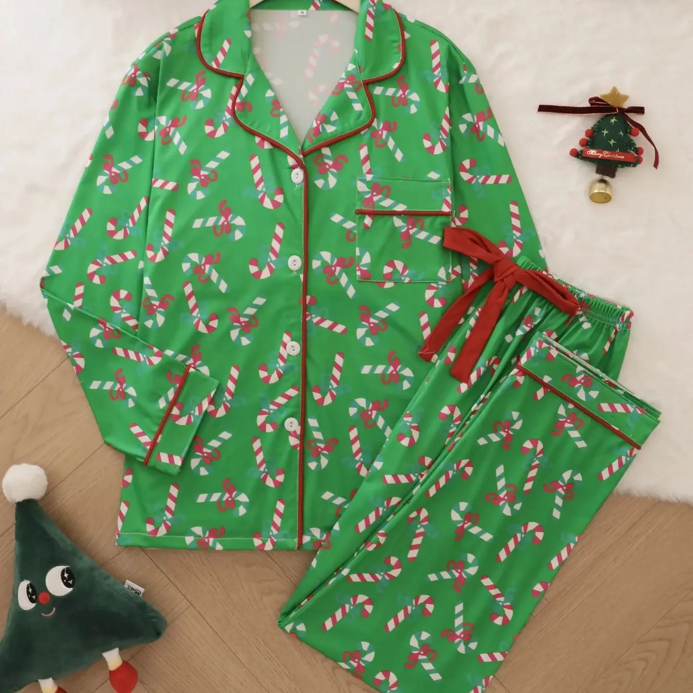 

Christmas style cane candy printed pajamas long sleeved long pants two-piece set for women, casual and suitable for outdoor wear