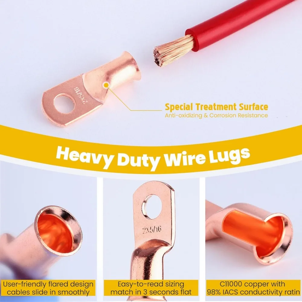 Комплект наконечников для аккумуляторного кабеля, 264 шт., с прочными наконечниками из медного провода и термоусадочной трубкой для надежных соединений