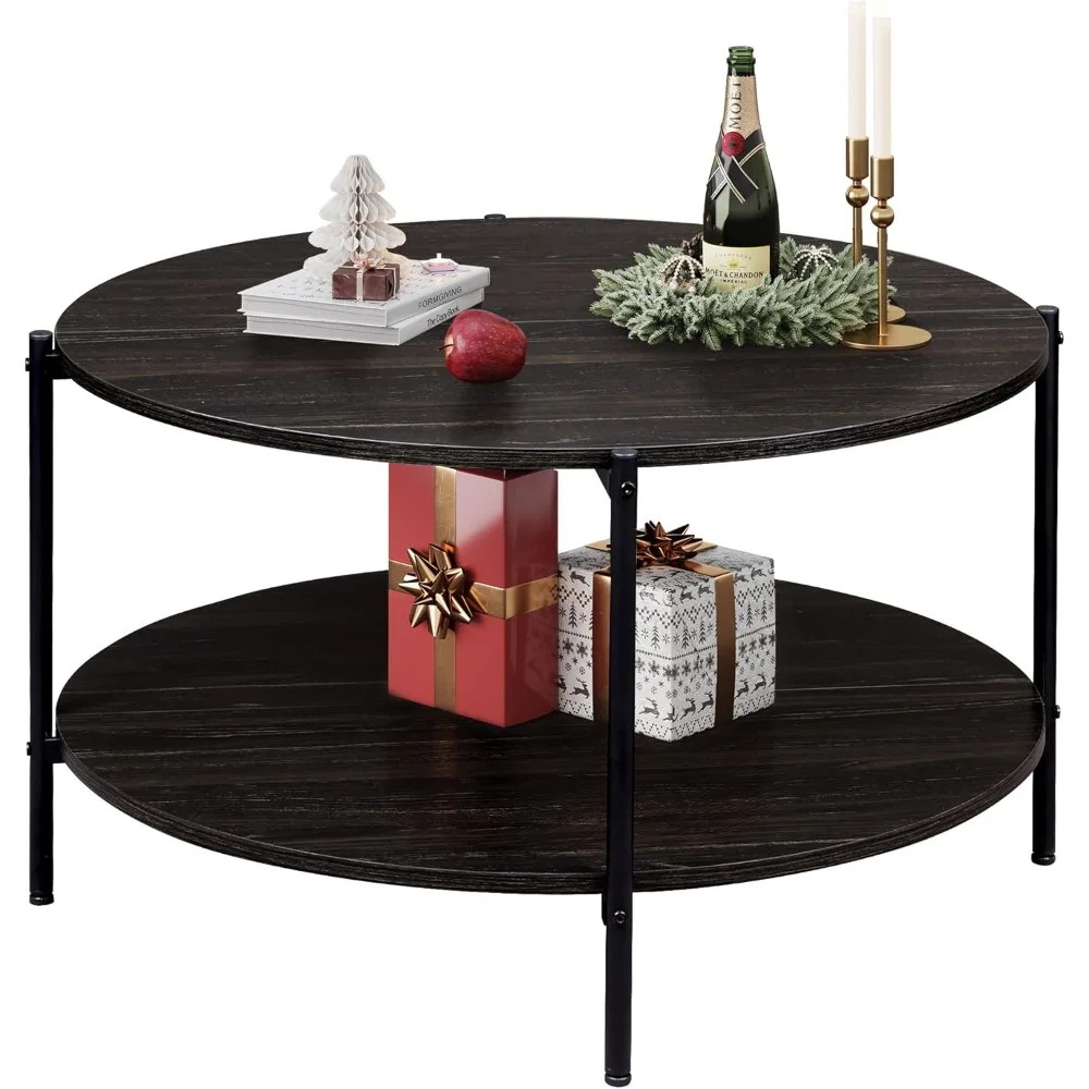 

Round Coffee Table for Living Room, 32.6" Small Coffee Table with Open Storage Shelf, 2-Tier Industrial Circle Wood Center Tabl