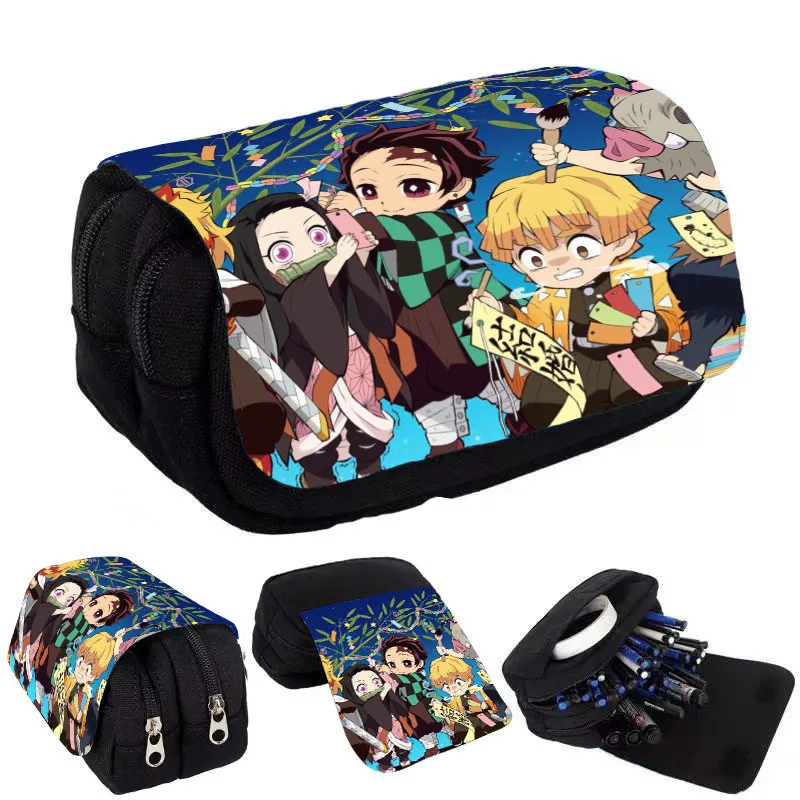 Demon Slayer Pencil Case Student Bilayer Storage Bag Tanjirou Nezuko Zenitsu Giyuu Cartoon Printing High Quality Pen Case Gift