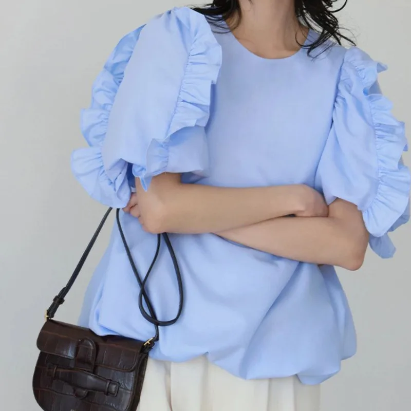 Matakawa Ruffles Puff Sleeve Women Shirts&blouses Solid Spring Summer Japanese Style Blusas Mujer Vintage Elegant Camisas