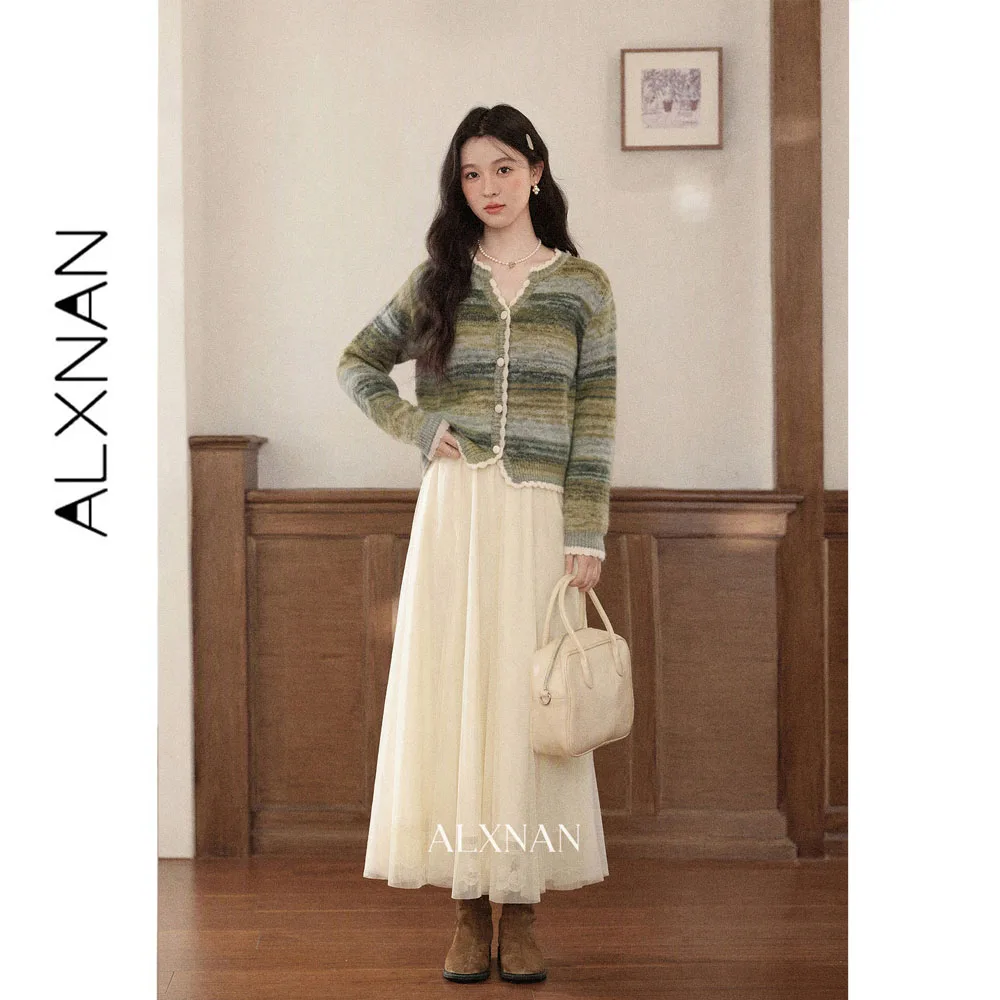 ALXNAN Women Green Knit Cardigan Autumn Gradient Color Block Vintage Elegant Sweater 2026 Fashion Loose-fit Female Top L680201A