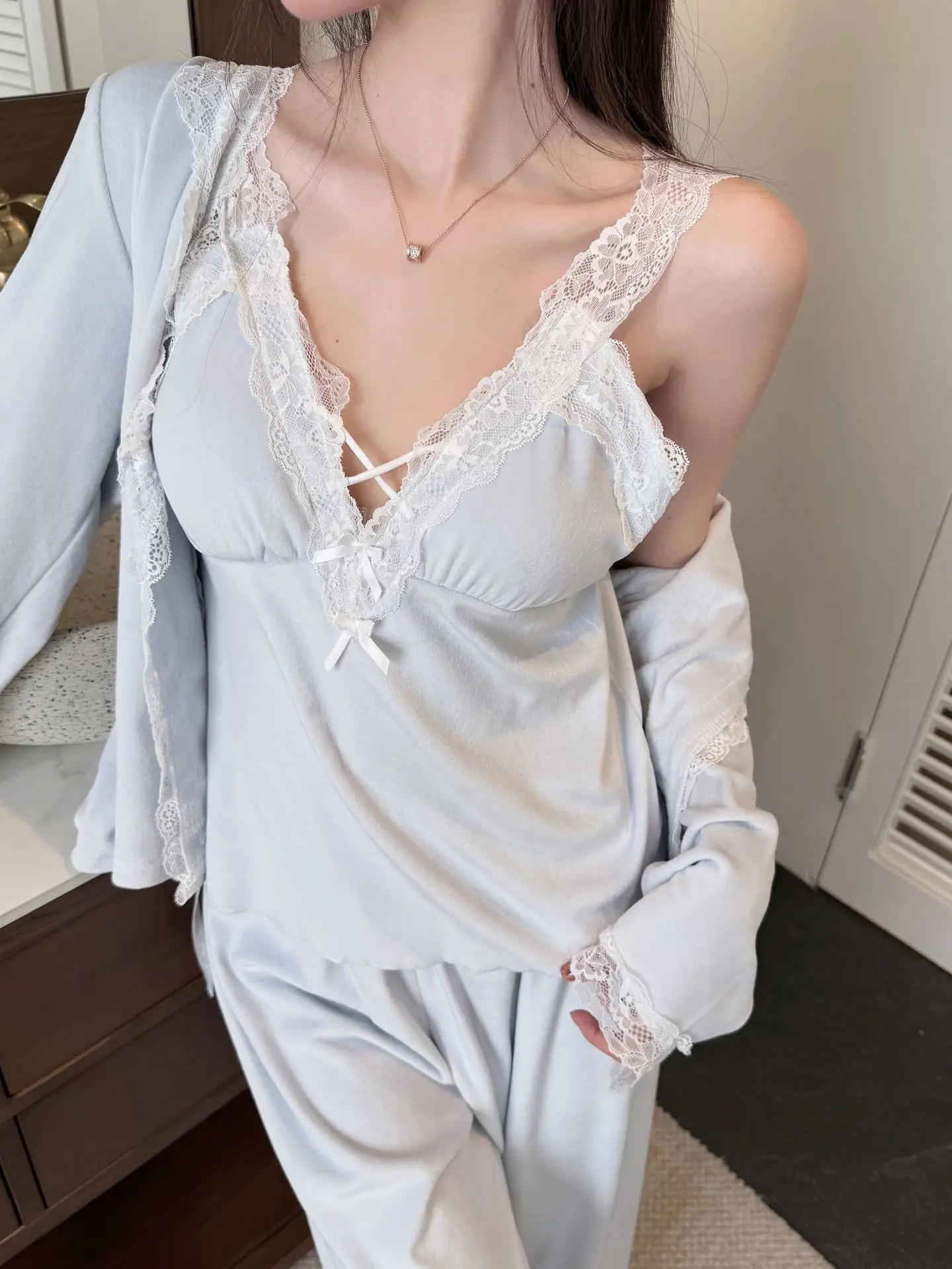 Sweet Lace Trim Pajamas For Women Autumn Winter Long Sleeve Trouser Suits Pyjama Femme Loose Casual Home Clothes Set
