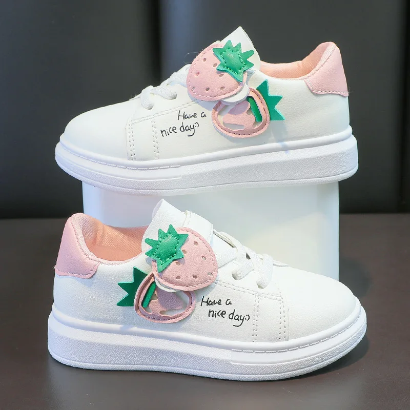 Spring Autumn Strawberry Student Flat Small White Shoes for Girls Casual Sports Shoes Baby Children 3-12 Years Kids Skate Shoes