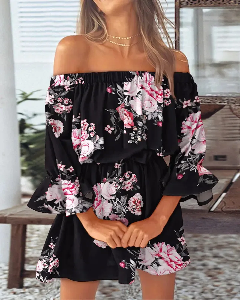 المرأة الصيف نمط فستان قصير سيدة عادية مائل الرقبة نصف مضيئة كم ورقة فستان مُزين بطباعة Vestidos