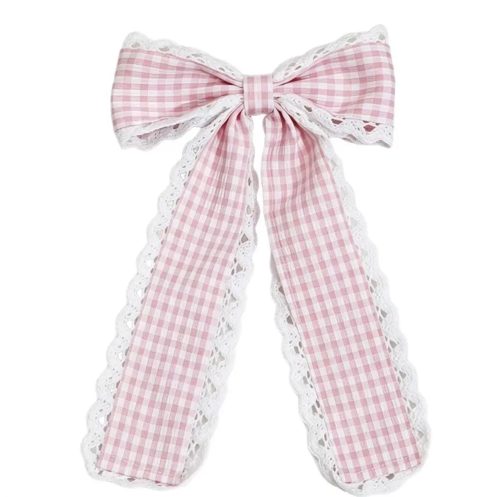 New Plaid Pattern Hair Clips Lace Bow Spring Clip Hair Ribbon Half-Up Hairstyles Long Lolita Hairpins For Women Girls